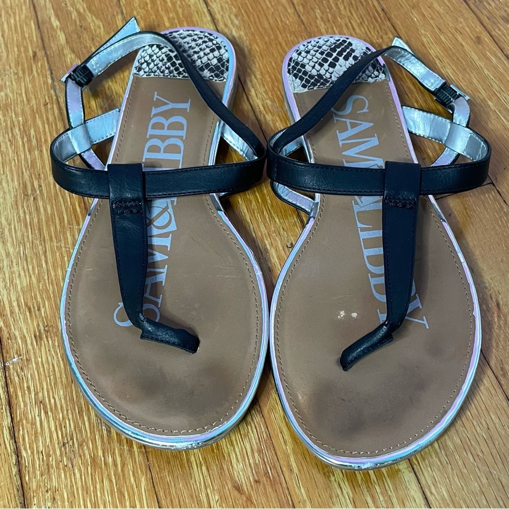 Sam & Libby Black T Strap Thong Sandals Women's 7.5 Beachy Summer Leather
